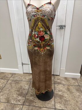 Floral Embroidered print  Brown Maxi Slip Dress